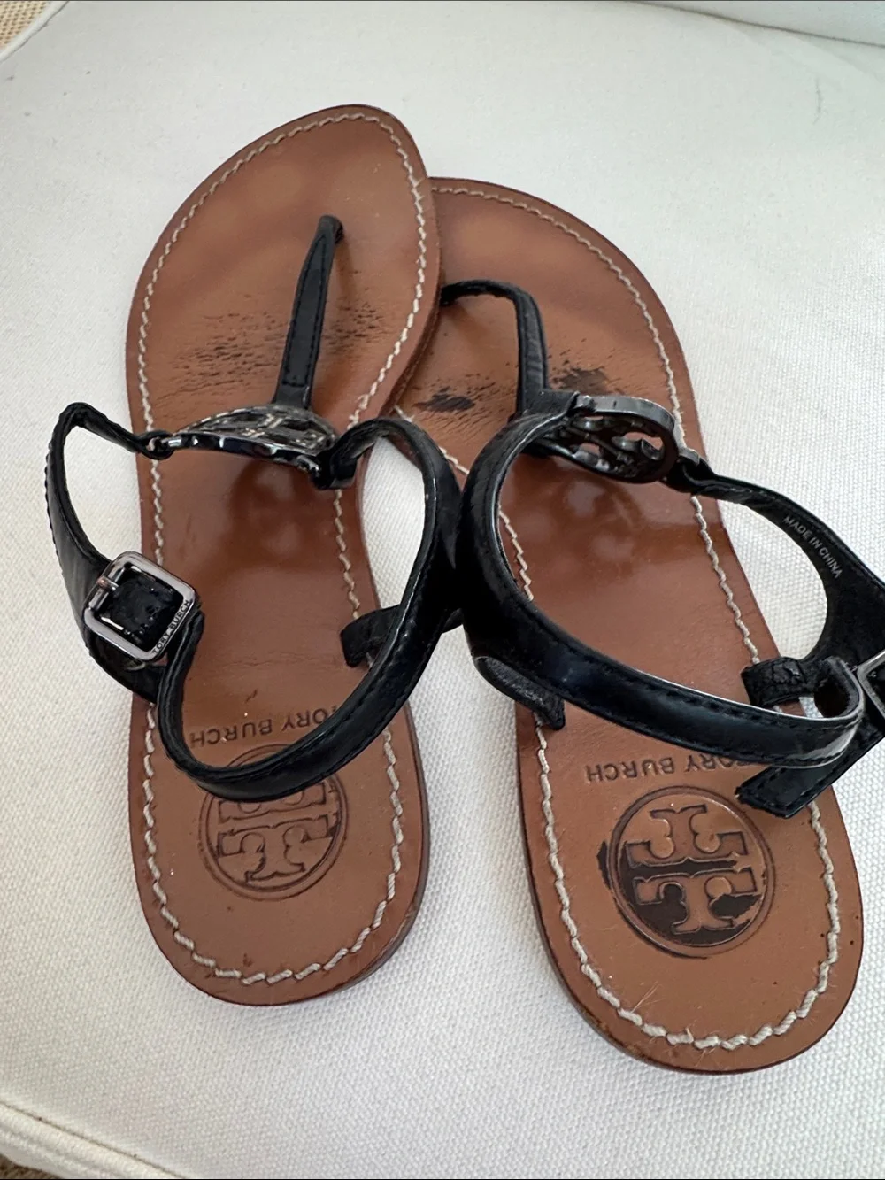 Tory Burch Violet Thong Sandals black leather rhinestone logo medallion detail 8